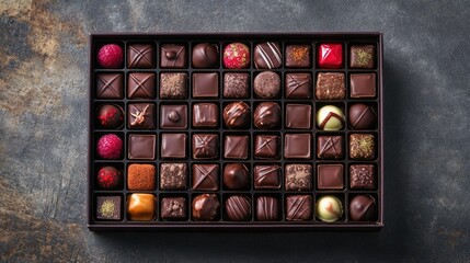 Assorted Handmade Chocolates in Elegant Box Arrangement Showcasing Diverse Flavors and Textures Perfect for Gourmet Gift Giving or Sweet Treats on Celebration Occasions