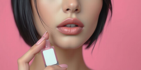 A woman is holding a bottle of nail polish and applying it to her nails. Concept of self-care and personal grooming, as the woman takes the time to paint her nails