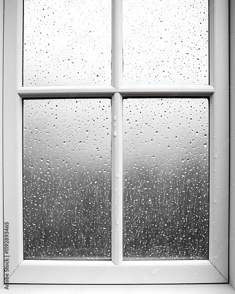 Poster a close-up view of a window with raindrops on the glass, creating a blurred effect and a cozy, intro