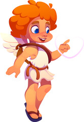 Cartoon cute Cupid or Cherub baby angel character drawing love heart with finger in air. Cupid with angel wings and bow vector personage of Valentine Day romantic love holiday, wedding and marriage