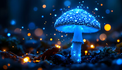 A Magical Scene of a Glowing Mushroom Illuminated by Enchanted Lights in a Mystical Forest Setting