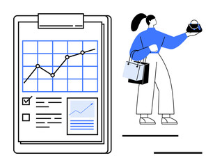 Woman holding shopping bags and a small purse beside a large clipboard showing a line graph, checklist, and document. Ideal for market analysis, consumer trends, data insights, retail success