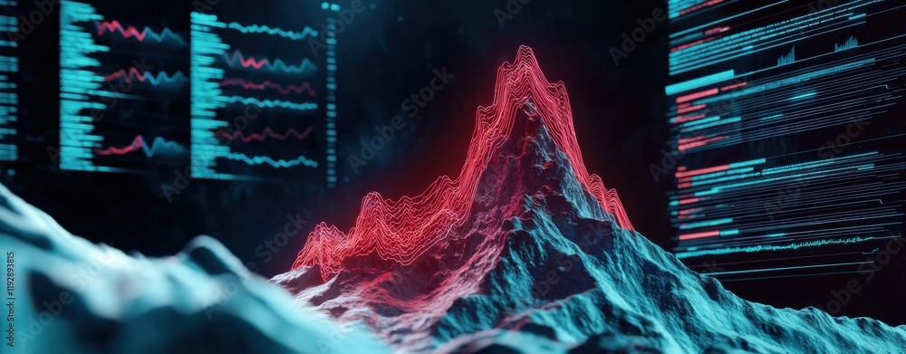 Poster a high-tech visualization of data, featuring a 3d mountain-like graph in vibrant colors, surrounded 