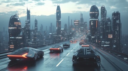 Futuristic Cityscape with Advanced Vehicles on Elevated Highway Surrounded by Skyscrapers in Neon Lights, Illustrating Modern Urban Life and Technology
