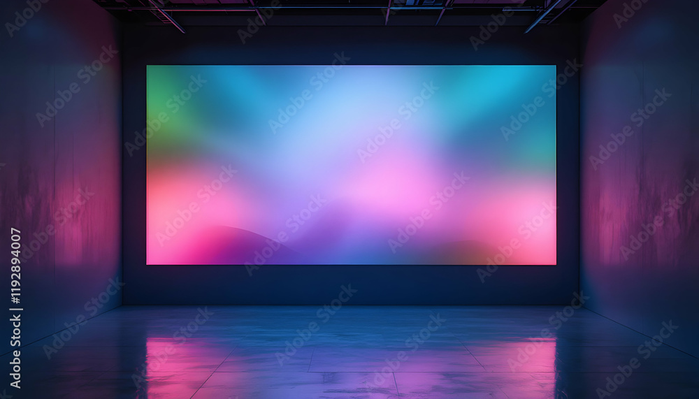 Poster vibrant abstract light display in a modern art gallery setting with colorful reflections