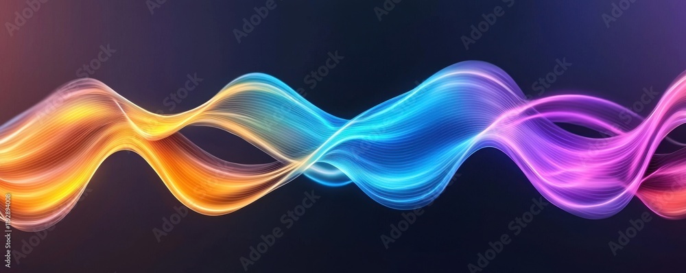 Poster a vibrant wave of colorful light flows smoothly across a dark background, creating an energetic and 