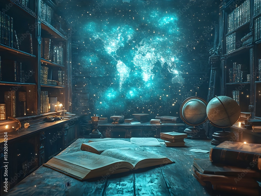 Poster magical floating classroom with glowing ancient scrolls and globes inviting curiosity and