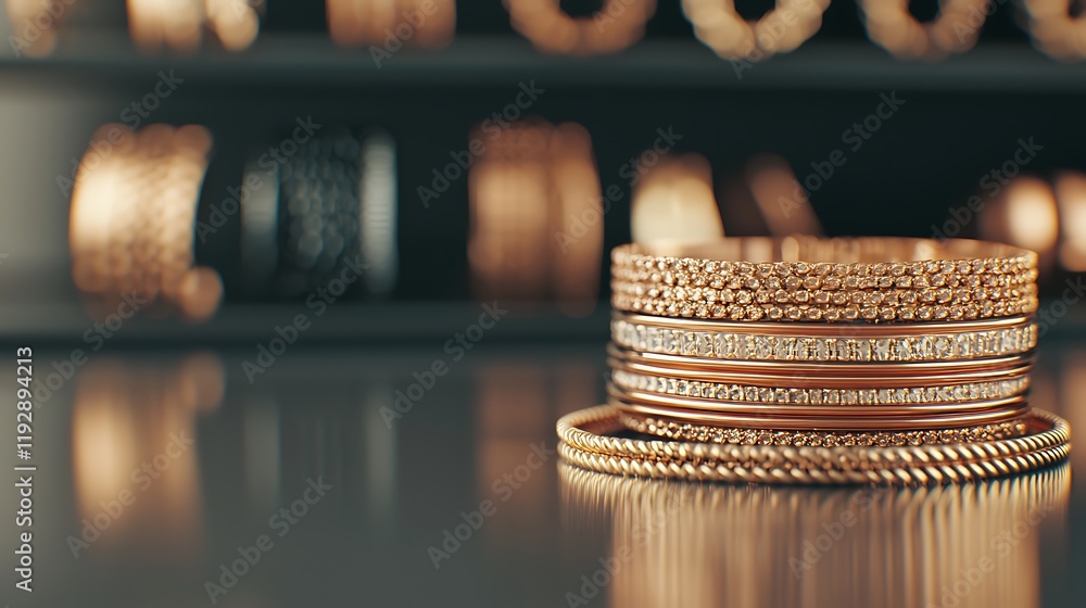 Poster a close-up view of elegant gold bangles stacked neatly, showcasing intricate designs against a blurr