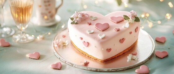 Naklejka premium Pink heart-shaped cake concept for Valentine's Day. Heart-shaped cake with pink icing and decorations for a celebration