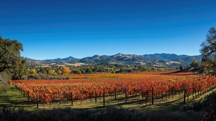 Breathtaking Wide-Angle View of Vibrant Autumn Vineyard Landscape Surrounded by Majestic Mountains and Deep Blue Sky