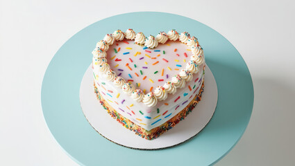 heart shaped funfetti cake with colorful sprinkles and creamy frosting, beautifully displayed on pastel blue tabletop, perfect for celebrations