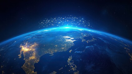 Fototapeta premium Vibrant View of Earth at Night Showcasing City Lights and Connectivity Above the Globe with Stars and Brightness in a Dark Space Environment
