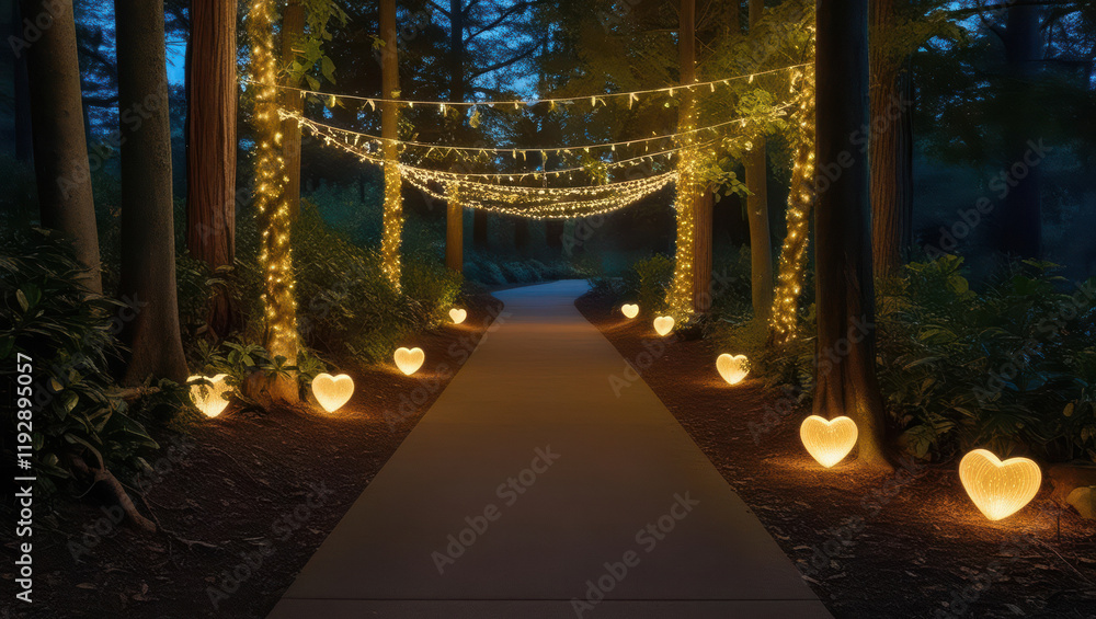 Poster serene forest path illuminated by soft fairy lights and glowing heart shaped lanterns, creating ench