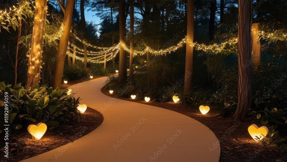 Poster serene forest path illuminated by soft fairy lights and heart shaped lanterns, creating enchanting a