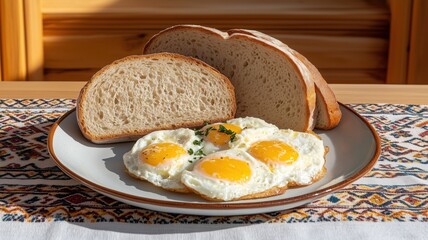 Delicious suhoor meal with sunny side up eggs and slices of bread on patterned tablecloth for ramadan breakfast