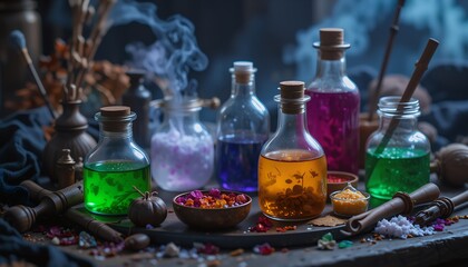 A collection of mystical tools and ingredients for crafting magical potions, perfect for witches preparing their concoctions on Halloween night.