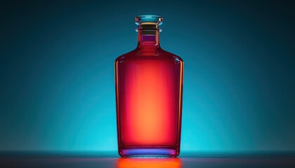 Translucent red bottle glowing under dynamic gradient lighting