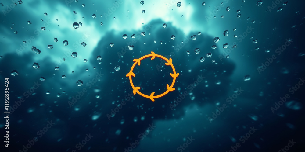 Poster a circle with arrows in the middle of it is shown in a blue and cloudy sky. the circle is surrounded