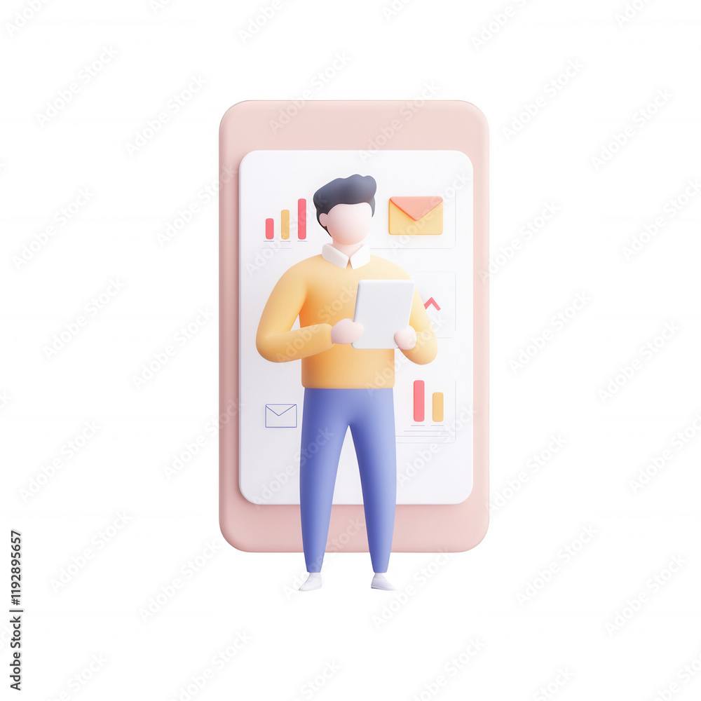Poster a modern illustration of a person analyzing data on a smartphone device., isolated on a transparent 
