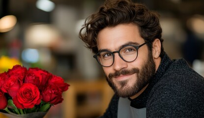 friendly florist man wearing grey apron wrapping a bouquet of red flowers in a craft paper at wooden table at flower shop
