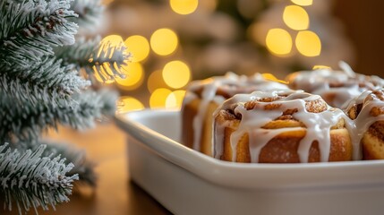 Naklejka premium Homemade cinnamon rolls with sugar icing on white plate closeup, winter christmas cozy background 