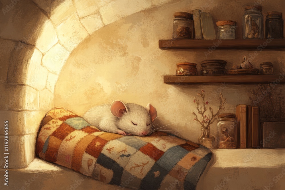 Poster cozy mouse sleeping on a colorful blanket in a rustic kitchen with shelves of jars and books. genera