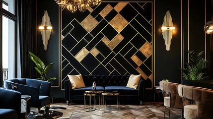 A captivating living room shot, showcasing a bold black-and-gold geometric accent wall, plush velvet seating, and a statement lighting fixture