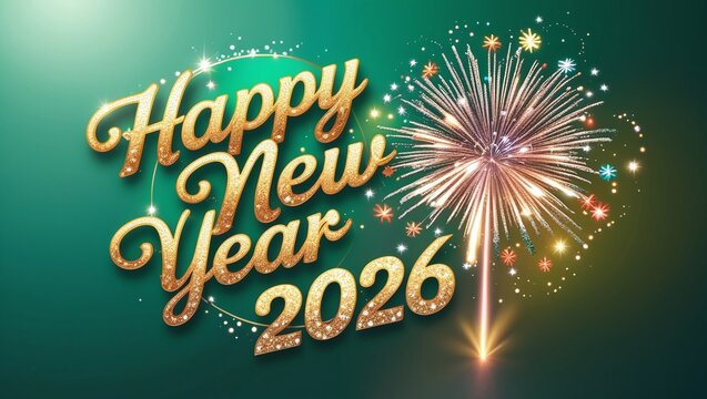 happy new year 2026, new year's eve, silvester, new year, celebration greeting card, new year card - Year 2026 in sparkler font and firework fireworks pyrotechnic, isolated on green background - Powered by Adobe