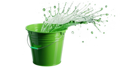 A bucket with neon green water, a few droplets splashing out as the water creates ripples, on a transparent background PNG.