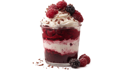  Red Velvet cake trifle with fresh berries in a glass jar on a gray isolated on a white background