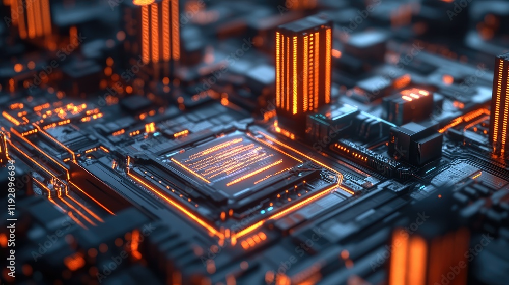 Poster futuristic digital cityscape with illuminated circuitry and abstract architecture representing techn