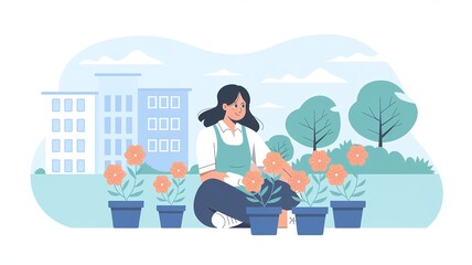 Fototapeta premium A woman is kneeling on the ground, gently tending to flowers in pots