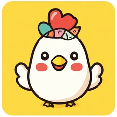 Fototapeta premium Happy cartoon chicken, yellow background, digital illustration, kids app icon