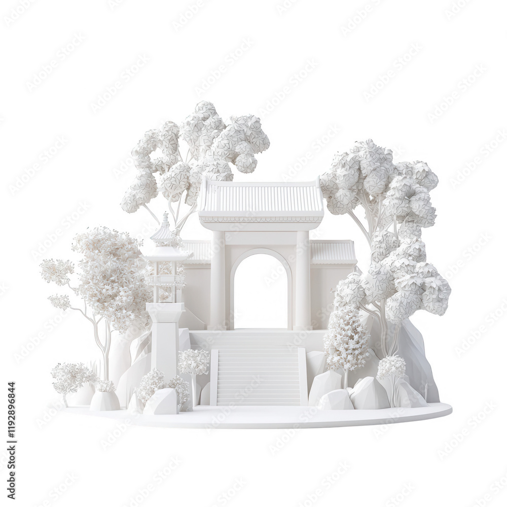 Poster a serene architectural structure surrounded by stylized trees and nature., isolated on a transparent