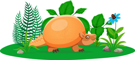 Cartoon Glyptodon dinosaur childish character. Prehistoric lizard cheerful vector personage, paleontology dinosaur or Jurassic era reptile cute mascot. Extinct Glyptodon animal character on meadow