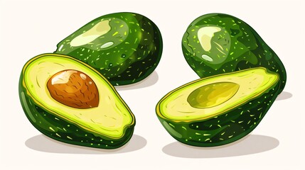 Fresh Cut and Whole Avocados on White Background - Cartoon Style