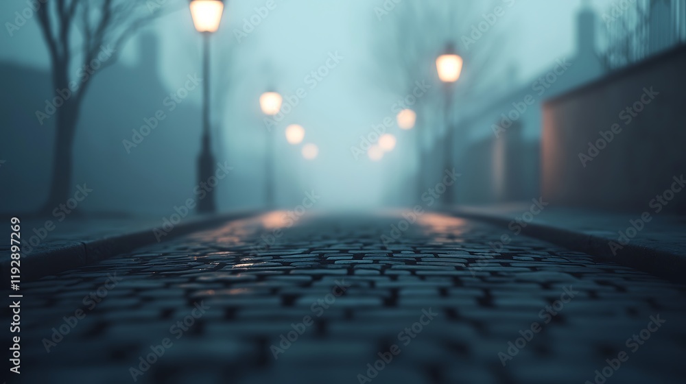 Poster a foggy street scene illuminated by lanterns, creating a mysterious ambiance with cobblestones under