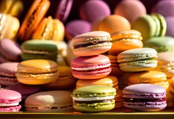 Fototapeta premium delectable french macarons colorful arrangements displaying rainbow flavors textures that eye catching tempting, lgbtq, lgbt, pride, love, equality, dessert