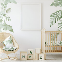 a mockup of a simple yet cute nursery. The room should have white walls and a white poster frame that has nothing on it and is only blank. The walls have a watercolor vinyl decal of green plants on th