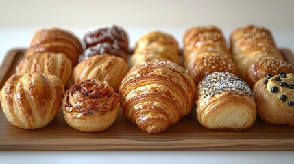 Assorted baked goods, pastries, and croissants on wooden board.