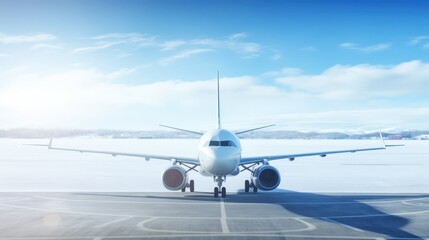 Obraz premium Realistic View of a Commercial Airplane on a Snowy Runway Under Bright Blue Sky and Sunlight