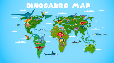 World map with prehistoric dinosaur animals and reptiles. Vector dinos of Africa, Asia, Europe, Australia and America continents. Cartoon ankylosaurus, iguanodon and allosaurus dinosaurs world map © Vector Tradition