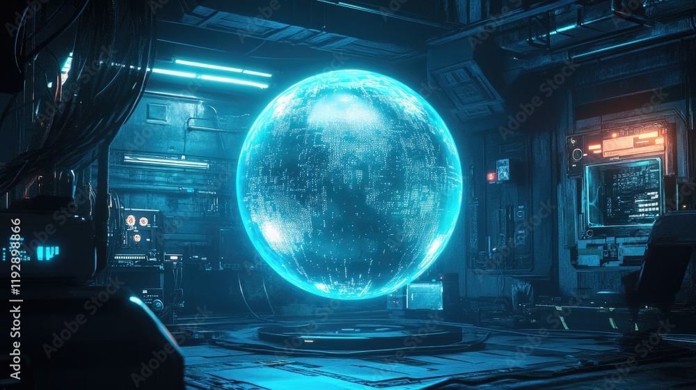 Poster futuristic technology sphere in high-tech environment with neon lights, circuitry, and digital displ