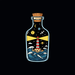 A whimsical illustration depicts a lighthouse on a small island amidst crashing waves inside a glass bottle; the bottle also contains celestial elements.