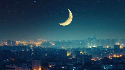 Naklejka premium Serene Nighttime Urban Landscape with Crescent Moon Illuminating City Skyline and Stars in the Dark Sky, Capturing the Beauty of City Lights and Tranquility