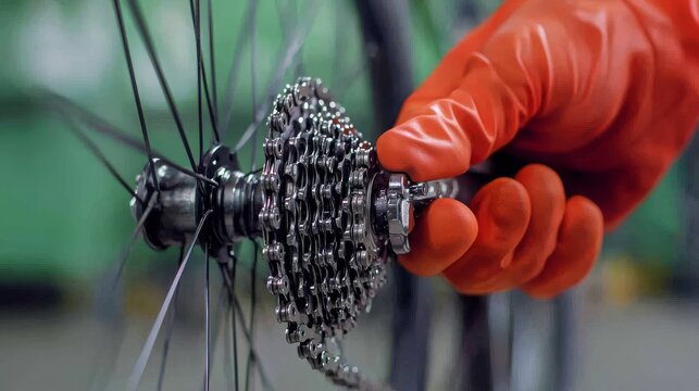 Mechanics repair equipment to ensure durability. A hand in a glove adjusting a bicycle gear in a workshop setting.