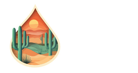 Fototapeta premium clean 2D vector of a desert scene with cacti, encased in a teardrop-shaped frame for a unique look _ Vector eps 10