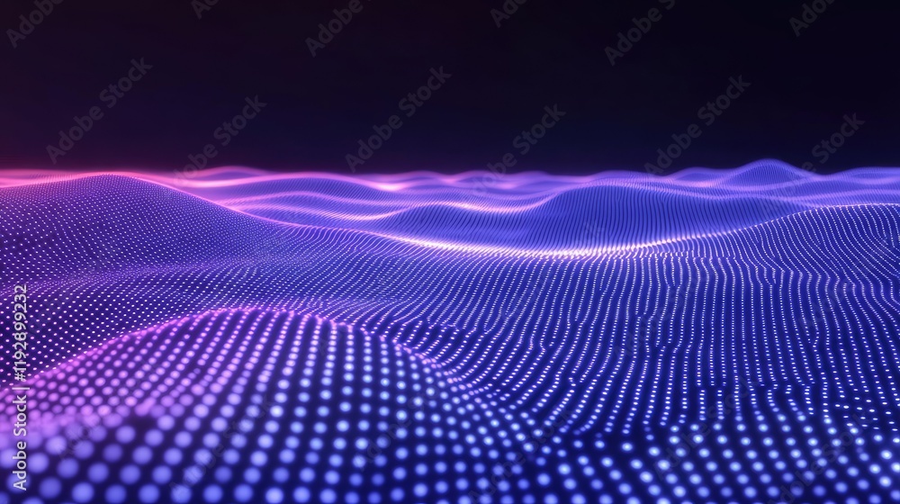Poster abstract representation of digital waveforms with glowing particles in a futuristic landscape showca