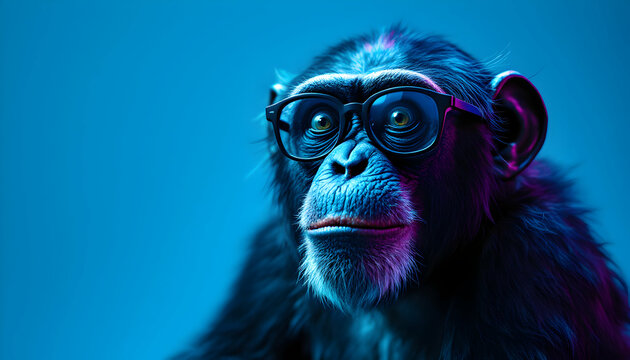 Intelligent Chimpanzee with Glasses Posing Against a Vibrant Blue Background