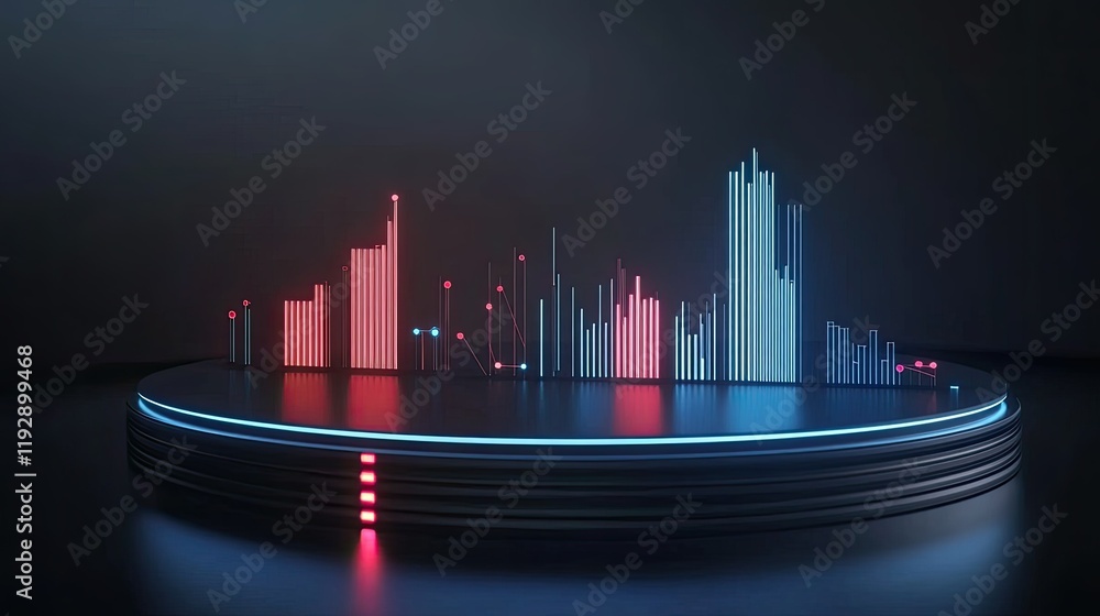 Poster abstract visualization of music or sound waves with dynamic bars in red and blue colors on a dark ba